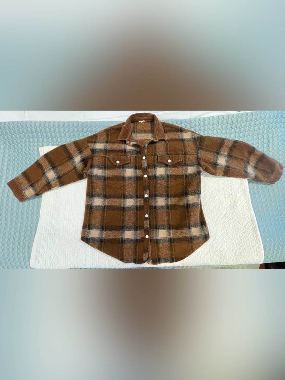 Anthropologie POL Brown Plaid Button-Down Shirt Jacket Sz Large Polyester Wool